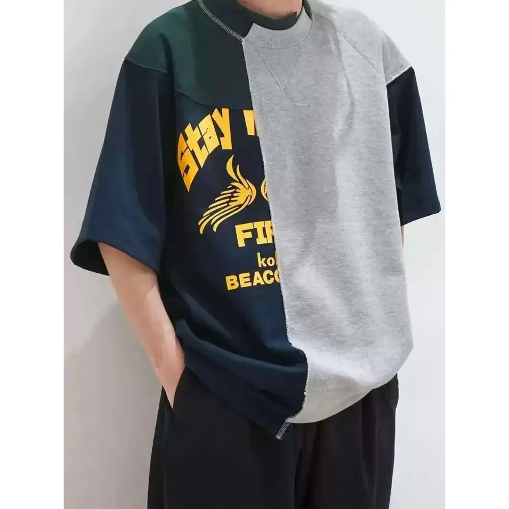 Japanese Abe Retro Patchwork Printed Casual Short Sleeved T-shirt Men Tees