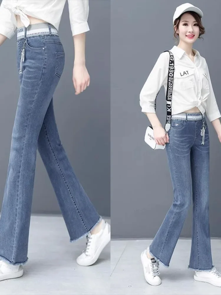 Jean élastique taille haute à jambes larges pour femme, pantalon Long coréen, ample, Slim, droit, Denim bleu, toutes saisons, nouvelle collection printemps automne