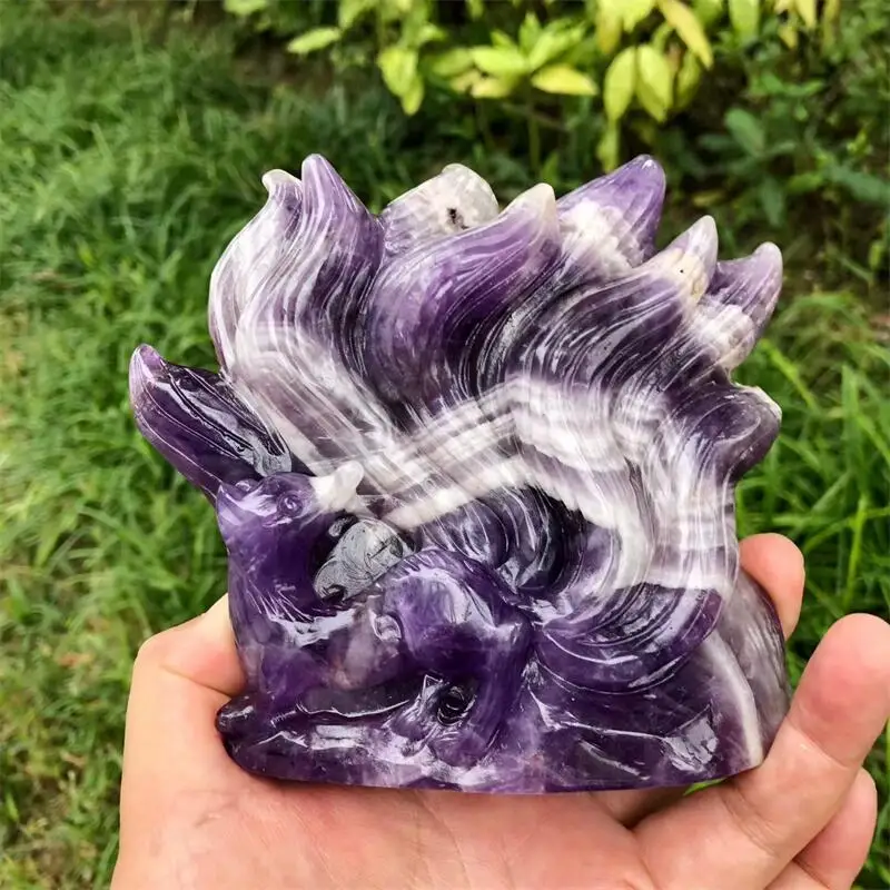 12CM Natural Dream Amethyst Nine-tailed Fox Carving Reiki Healing Fengshui Stone Gift Home Office Decoration Gift 1PCS