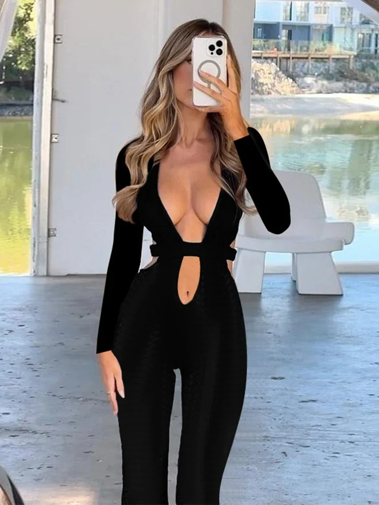 Black Long Sleeves Autumn Winter Playsuits Rompers Women 2024 Bandage Hollow Out Holiday Casual Elegant Long Jumpsuits