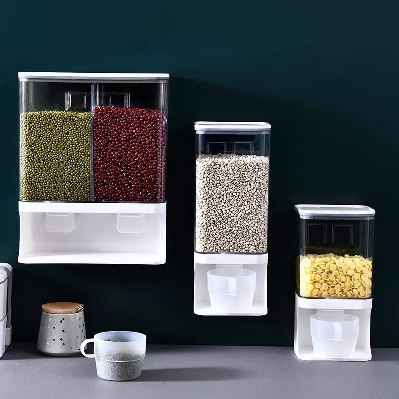 Kitchen Punch-free Wall-Mounted Rice Dispenser Dry Food Beans Cereal Storage box Container Moisture-Proof Sealed Jar Food Bucket