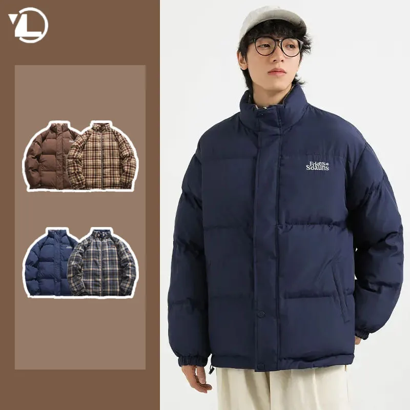 Jaket parka musim dingin pria, jaket parka ringan dua sisi kerah berdiri, jaket bantalan katun Unisex, mantel penahan angin kotak-kotak baru