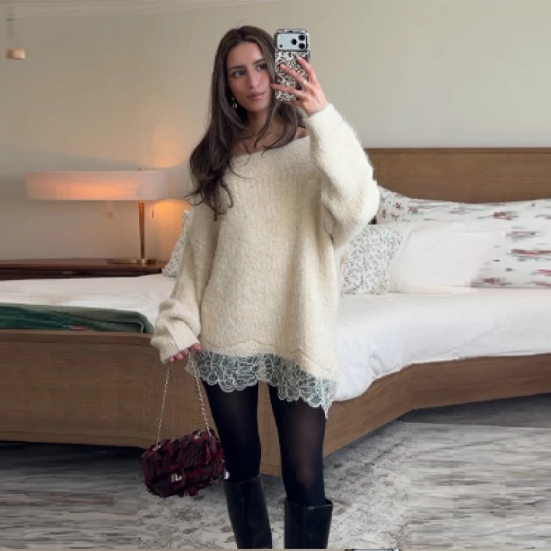 

Y2k Sweet Sweater Casual Chic Off-shoulder Fuzzy Knit Lace Hem Women Knitted Pullover Autumn Trendy Cozy Fashion Lady Outfits