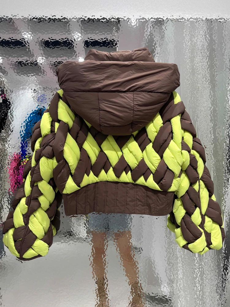 Luxury down jacket with hooded Women's 2025 Winter New design Criss-cross contrast color puffer coat Warm ladies INKEO DJ517