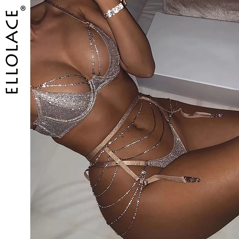 Ellolace Sparkle Chain Push Up Bra And Panty Set Women Rhinestone Intimates Lingerie Set Underwear Bralette Sexy Brief Set