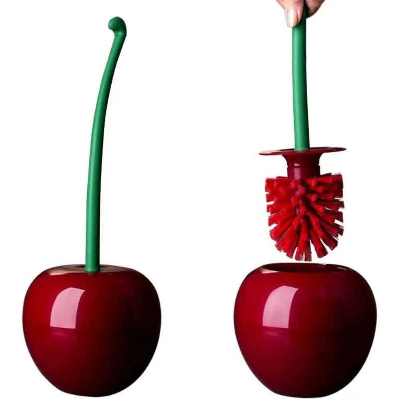 Cherry Toilet Brush & Holder Set, Cute Long Handle Bathroom Brush for Cherry Theme Decor, 1 Brush 1 Holder