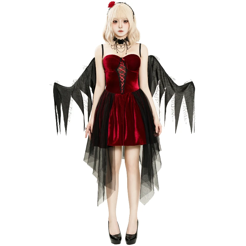 

Halloween Adult Female Red and Black Evil Angel Costume Gothic Witch Vampire Role-playing Costume with Wings and Suspender Skirt