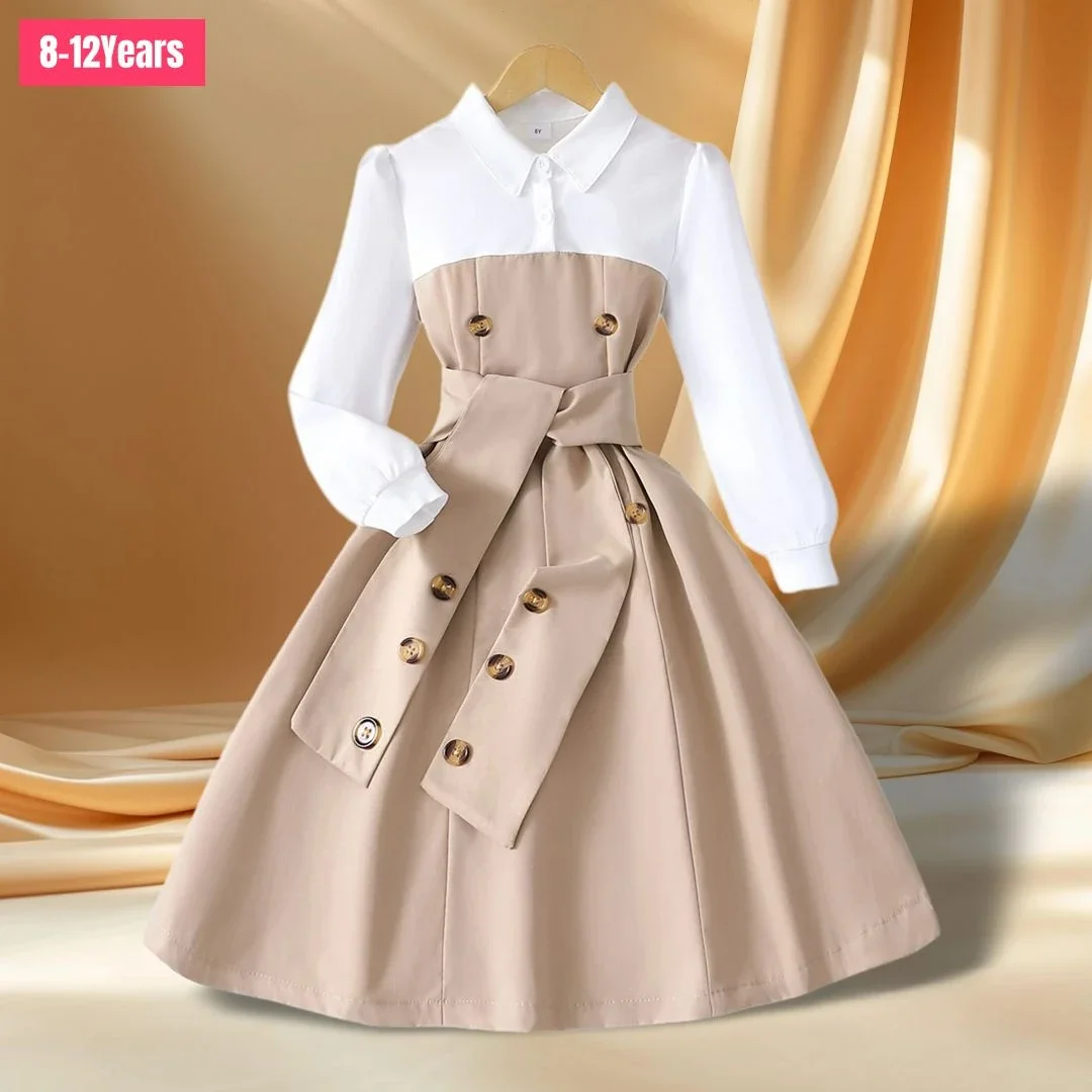 Belt Dress for Girl Dresses Children Costume Kids Party Dresses Retro British Autumn Winter Long Sleeve Girls Clothing 8-12Yrs