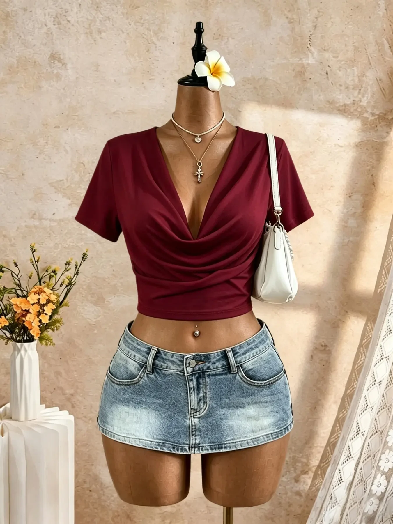 Damen-Crop-Top mit tiefem V-Ausschnitt, kurzen Ärmeln, drapiertem Wasserfallausschnitt, überkreuztem Wickeldesign, eng anliegend, dehnbar, lässig für Ausgehzwecke. – Detail 1