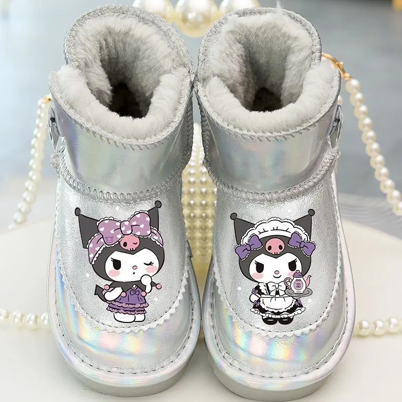 Kuromi Anime Kawaii Sanrio botas de nieve de cuero para niñas lindas niños impermeables cálidos zapatos gruesos de algodón regalos Juguetes