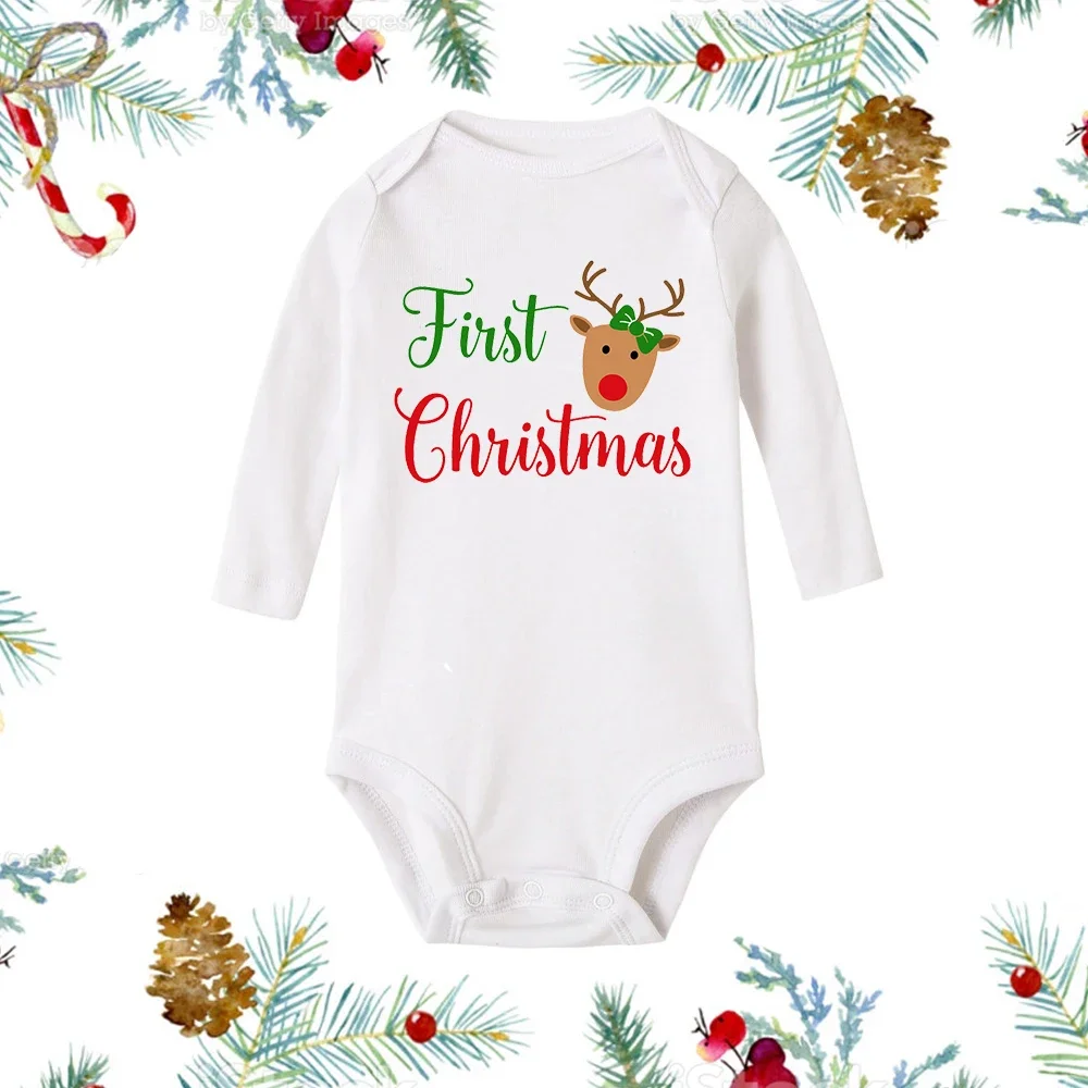 Mijn Eerste Kerst Pasgeboren Baby Witte Lange Mouw Romper Cartoon Sneeuwman Print Outfit Kinderdoop Bodysuit Kleding Xmas Gift