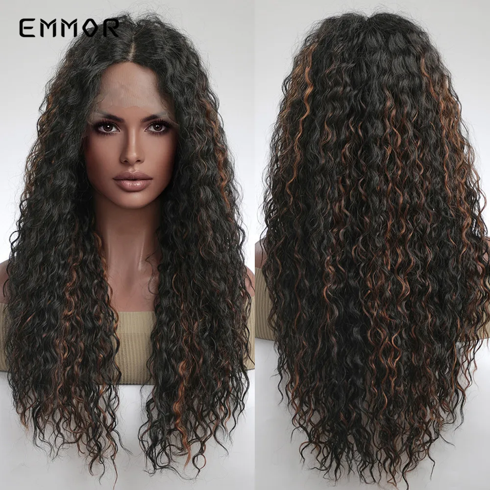 

Emmor Synthetic T-part Lace Long Wavy Black Brown Lace Wigs Fashion Part Natural Heat Resistant Hair Wig for Women Daily Wig