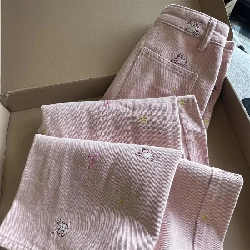 

Retro Pink Lamb Embroidered Wide leg Women's Jeans 2025 Spring New Loose Embroidered Button Slimming Straight leg Floor Pants WF
