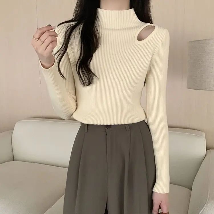 Thiened f High Collar Sweater Women's Base irt oulder Exposure Hollow Design Autumn Winter New Sle Faionable Top