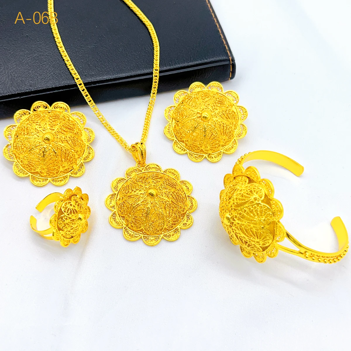 Ethiopian Bridal Jewelry Sets For Women 24K Gold Color Necklace Earrings Bracelet Ring Habesha Brazilian Wedding Jewellery