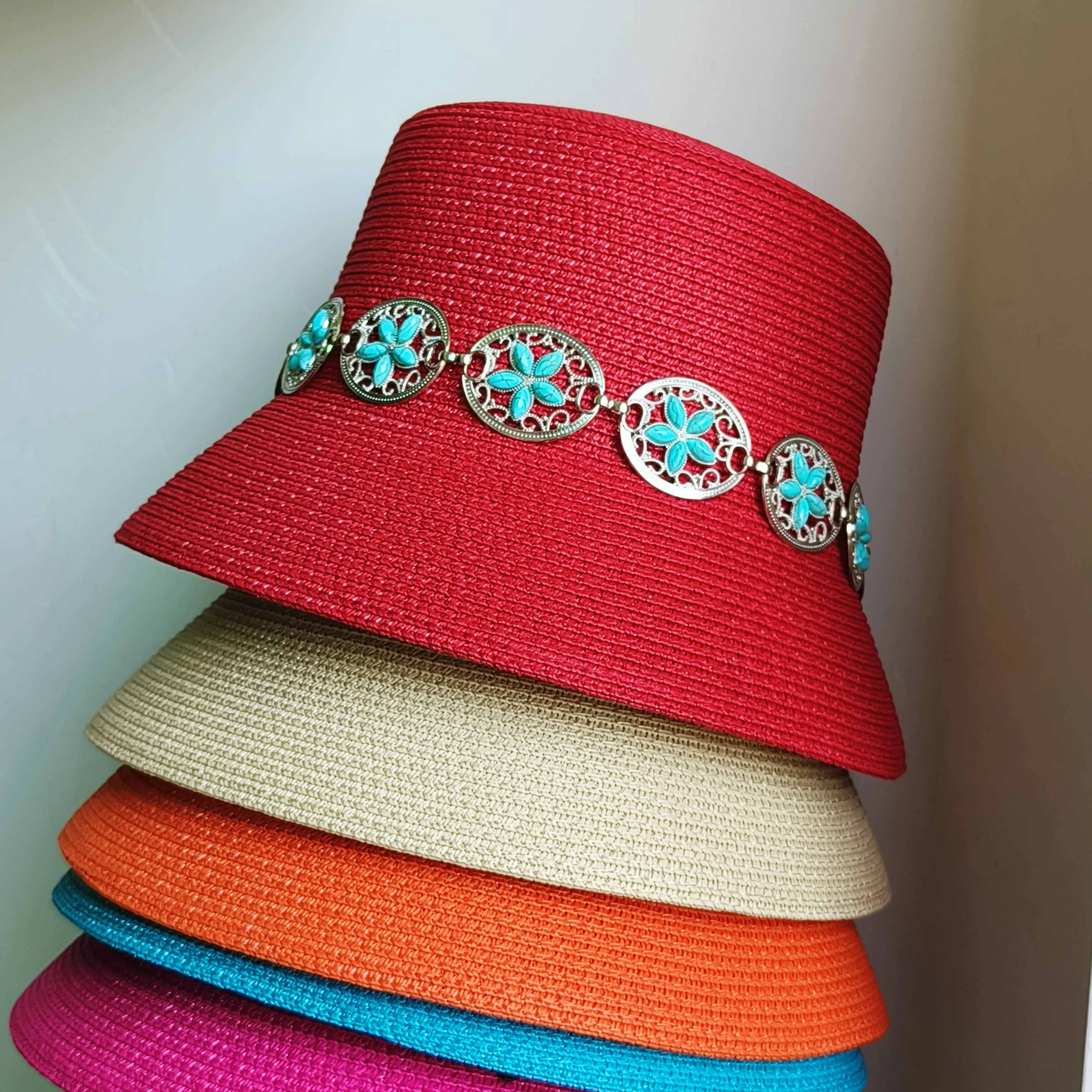 summer women fishermen hat luxury bucket straw hats for girl sun hat Turquoise chain decoration solid beach hat can foldable