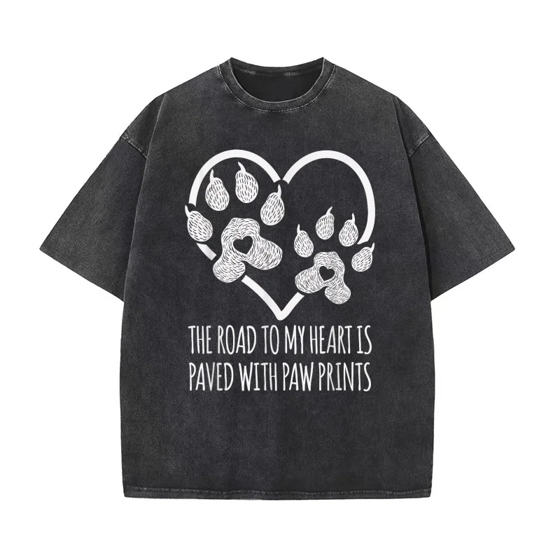 

I Love Dogs Road To My Heart Paved With Paw Prints Pure Cotton Men's T-shirt Oversized Art Graphic Clothing Printed