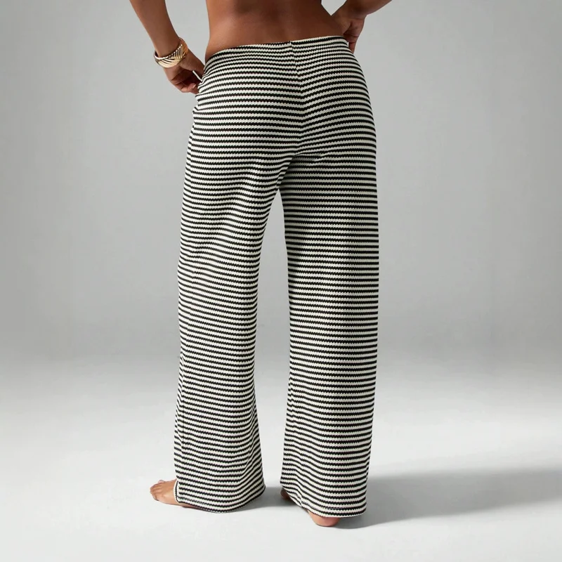 QICHE Women 2026 European‑Style Striped Drawstring Low‑Rise Wide‑Leg Pants Textured Draped Vacation‑Vibe Casual Trousers