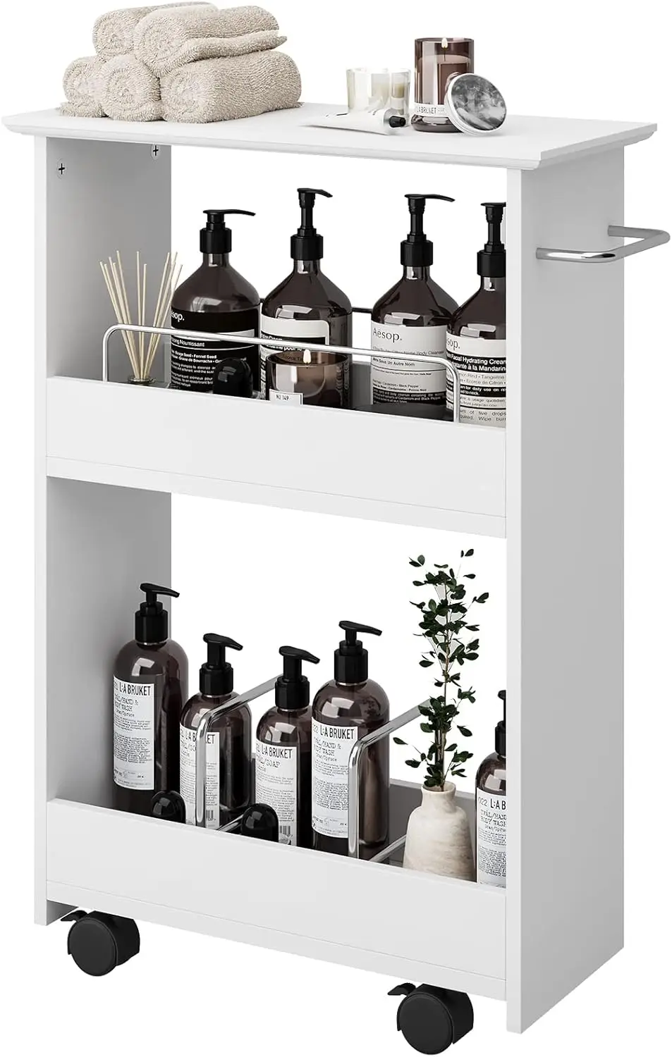 Bathroom Storage Shelves,Wooden Rolling Storage Cabinet w/ 3-Tier Shelves,Lockable Wheel,18 x 8 x 25.5 inches White