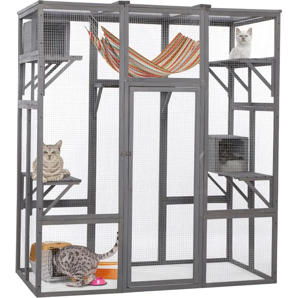 

Wooden Cat Enclosure with Hammock, Sisal Rope, and Activity Platforms, 63 x 33 x 70 Outdoor Indoor Playpen