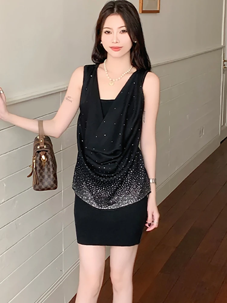 

2025 черное лоскутное мини-платье в горошек с бриллиантами, летнее сексуальное платье без рукавов с v-образным вырезом и запахом на бедрах, женское корейское облегающее вечернее платье