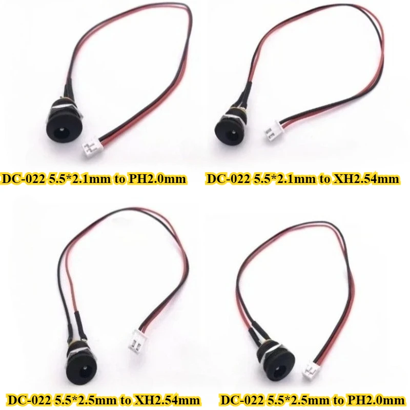 

5Pcs DC-022 5.5*2.1/2.5mm to XH2.54mm/PH2.0mm 2P With Threaded DC Power Socket Terminal Wire Length 30cm 22AWG Electronic Wire