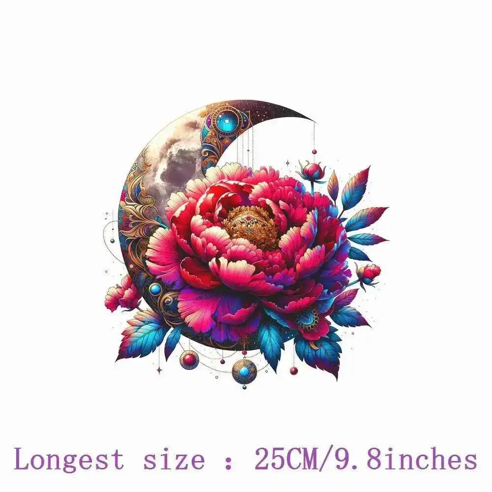 25cm Mysterious Moon Flower Plants Iron On Dtf Transfers Stickers Ready To Press Heat Transfer Appliques for T-shirt Clothing