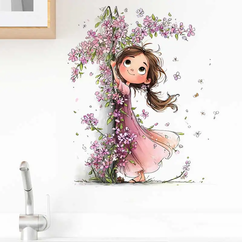 Peeking Girl & Flower Wall Sticker Kids Room Decoration Mural Self-adhesive Bedroom Home Wallpaper Nursery Decor Decals S945