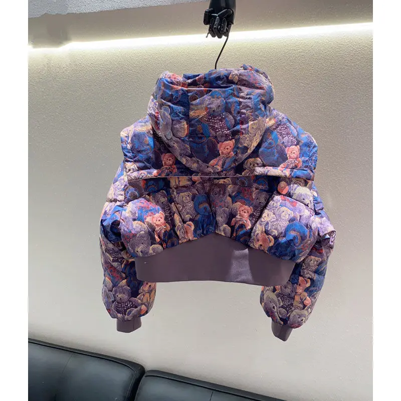 2024 Winter New Fashion Individuality Trend Korean Edition Bear Print Lapel Hooded Ultra Short 90 White Duck Short Down Jacket