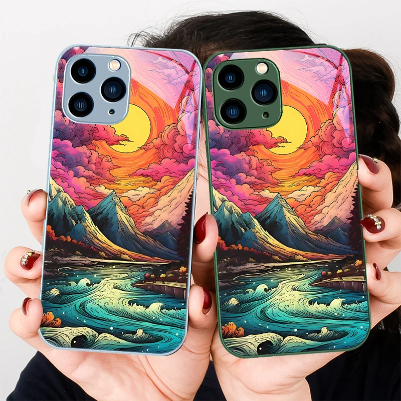 

Oil Painting Mountain Red Purple For Iphone 16 Plus 15 14 13 12 Mini 11 Pro Max X XS XR 7 8 Plus 2022 Tempered Glass Phone Case