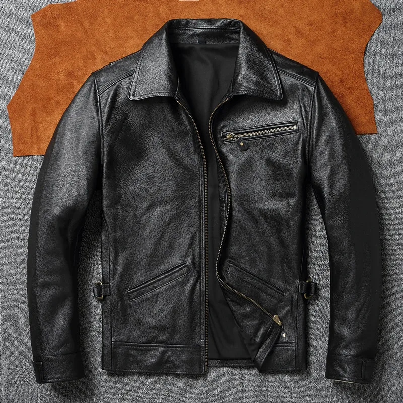 Haining New Men's Genuine Leather Jacket Casual Fashion Motorcycle Coat Top Layer Cowhide Large Size Slim Fit Collar Coat