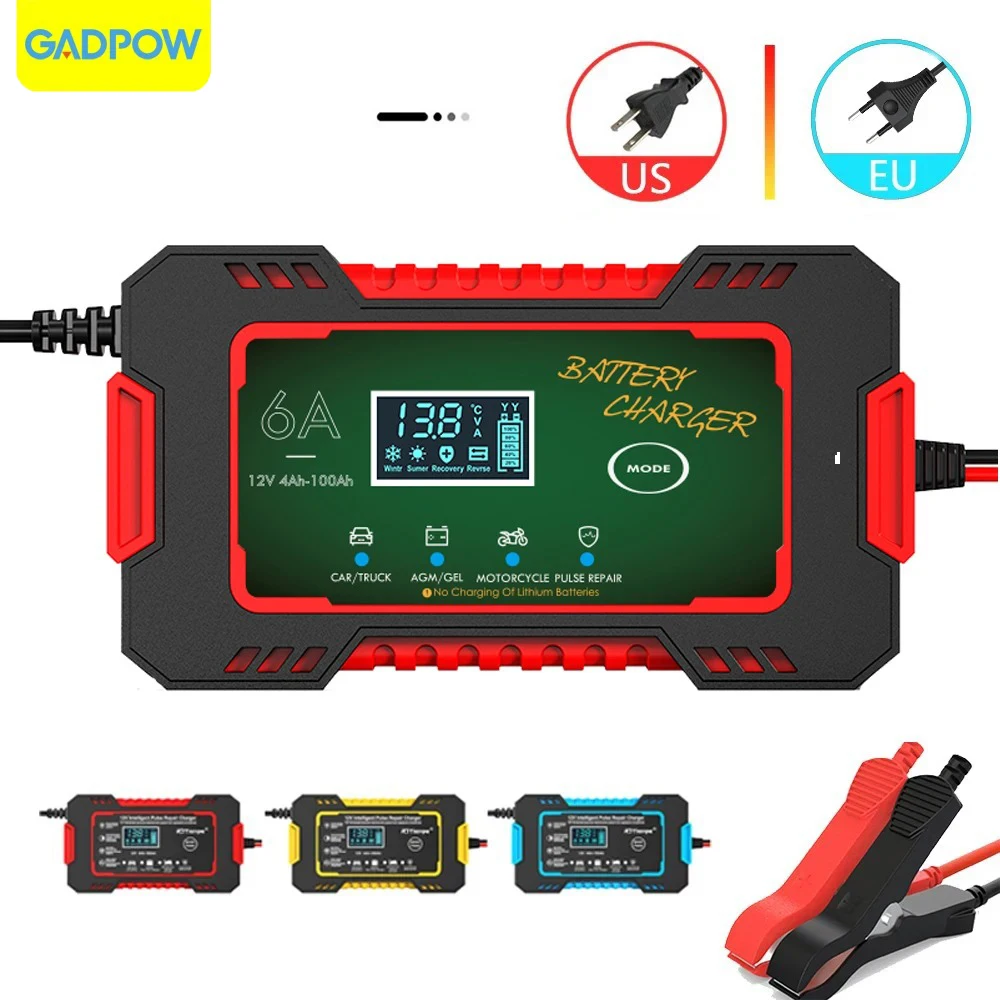 Gadpow Smart Fast Car Battery Charger LCD Display 12V Automotive Battery Charger Lead-Acid 12V Battery Charger for Car