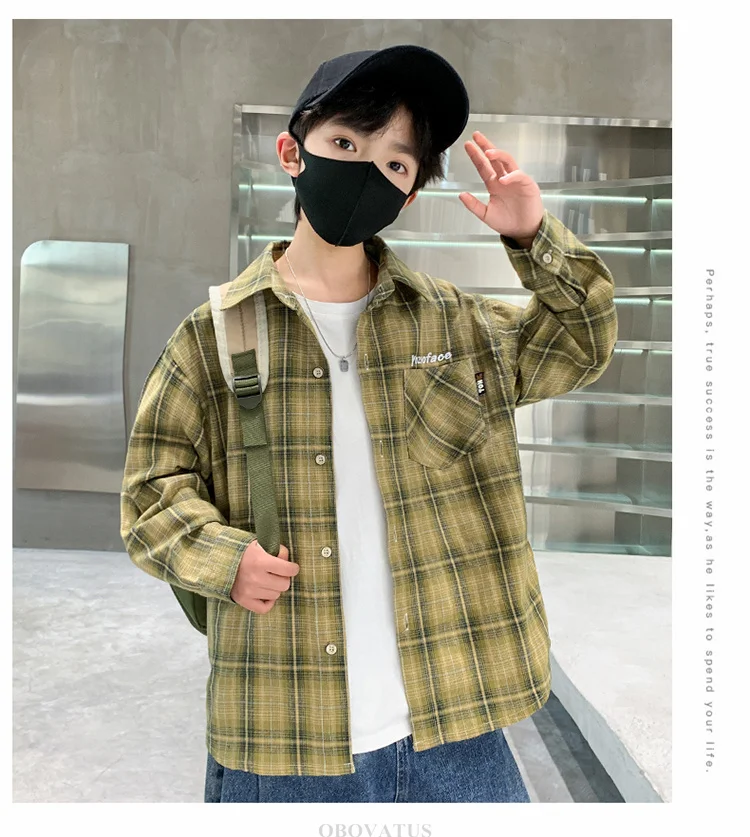 Frühlings-Herbst-Jungenhemd mit Karomuster und Tasche, Langarm, Koreanischer Casual-Stil, Baumwollbluse für größere Kinder, Coole Streetwear für Kinder – Detail 6