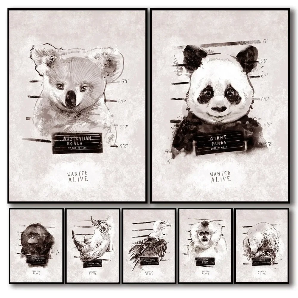 Nordic Retro Brown Bear Rhino Panda Wanted Safari Animals Picture Prints Wall Art Home Room Decoration Posters Canvas Painting