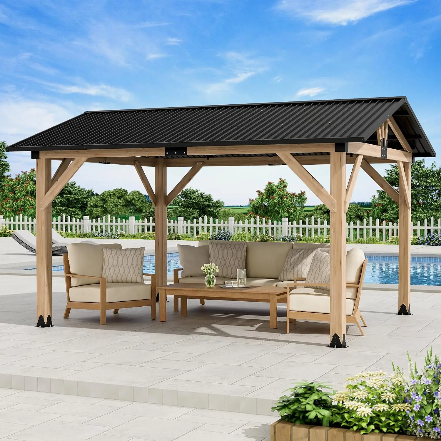11' x 13' Wood Gazebo, Outdoor Hardtop Gazebo, Galvanized Steel Gable Roof Pergola, Outdoor Pavilion for Patio,, Customized