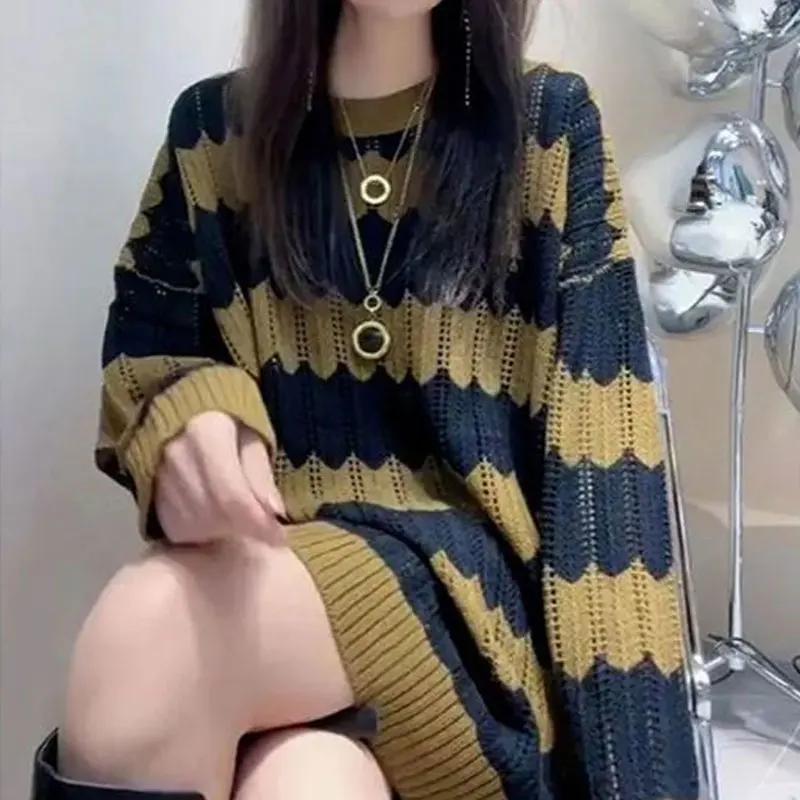 Stylish Patchwork Hollow Out Knitted Jumpers Spring Autumn Round Neck Female Clothing Korean Contrasting Colors Striped Sweaters