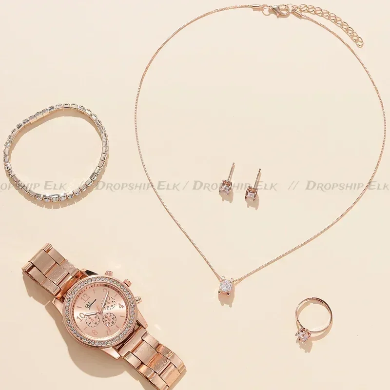 6PCS Set Women Watch Ring Necklace Earrings Rhinestone Wristwatch Female Casual Ladies Watches Bracelet Set Clock Gift (No Box)