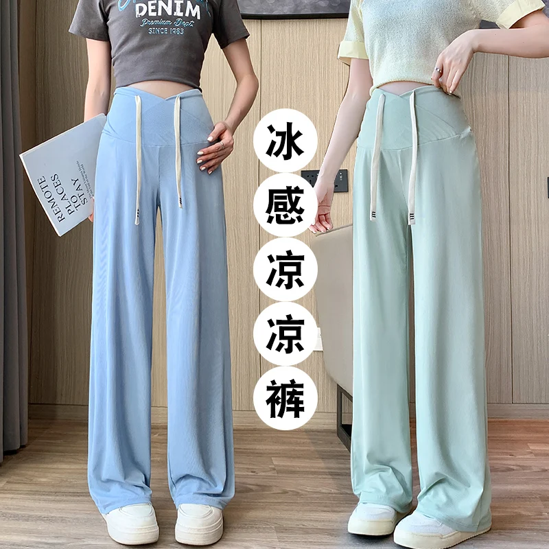 Summer Thin Loose Straight Pants Maternity Drawstring Across High Waist Belly Drooping Trousers for Pregnant Women Youth Y2k