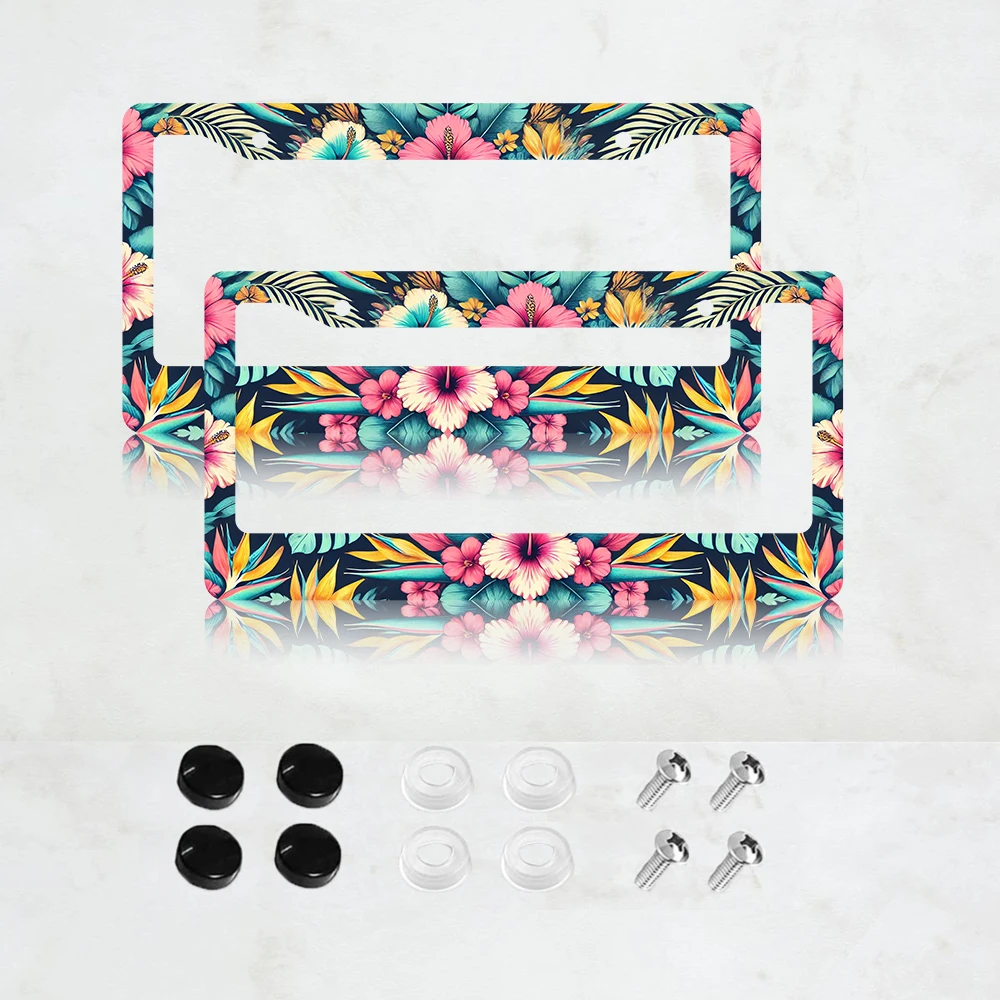 

2PC Tropical Hibiscus Flower License Plate Frame Colorful Floral Leaves License Plate Holder Funny License Plate for Car Decor