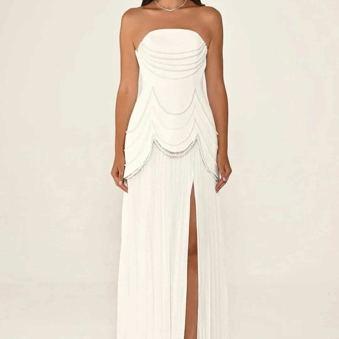 밀라 스트랩리스 진주 장식 플리츠 하이 슬릿 맞춤형 정장 이브닝 드레스 롱 드레스 우아한 프롬 드레스