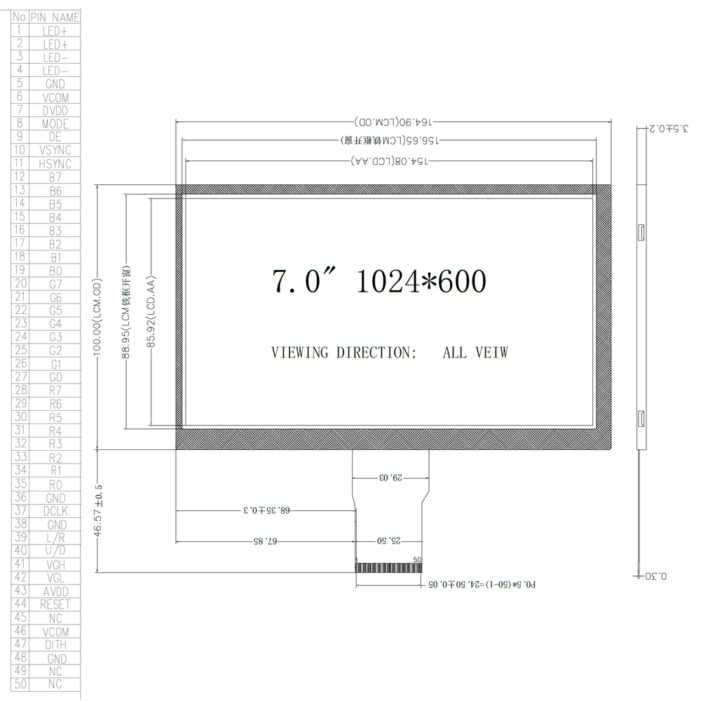 500 módulos de exibição TFT de luminância 1024*600 IPS ângulo de visão completo tela de toque capacitiva de 7 polegadas e 10,1 polegadas