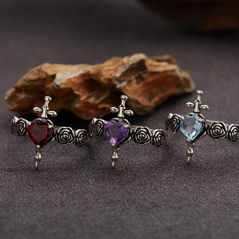 

Crucifix Rose S925 Sterling Silver Natural Amethyst Vintage Ring for Women
