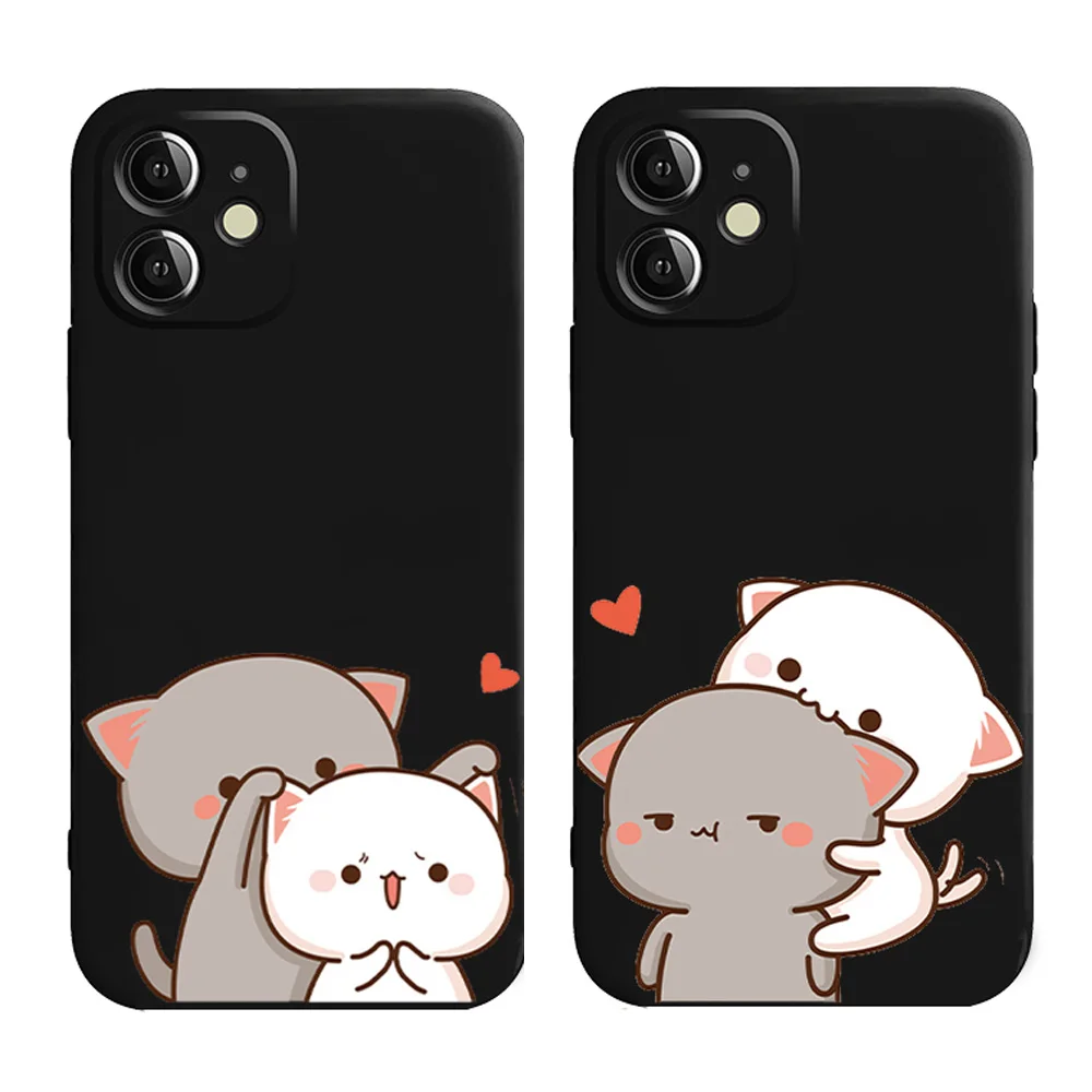 Cute Cartoon Cat Paired Lovers Couple Phone Cases for iPhone 13 15 11 12 14 Pro XS Max Mini XR SE 8 7 14 Plus Covers Fundas Bags