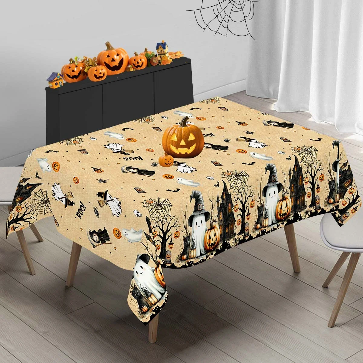 1Pc Halloween Style Tablecloth Beige Pumpkin Ghost Spider Web Print Table Cover For Party Dining Decoration Dustproof Rectangul