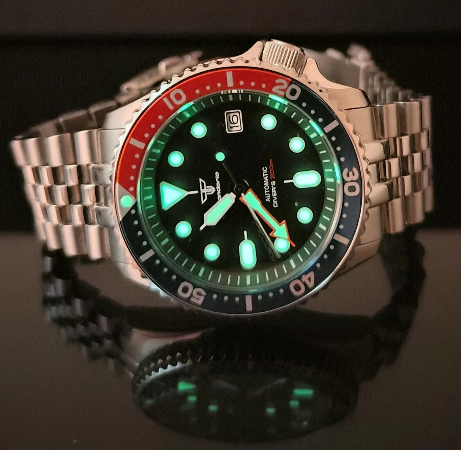 Tandorio 41mm SKX Sapphire Glass Black Dial Luminous Automatic Japan NH35A Movement Stainless Steel 20ATM Diver Men Watch Date