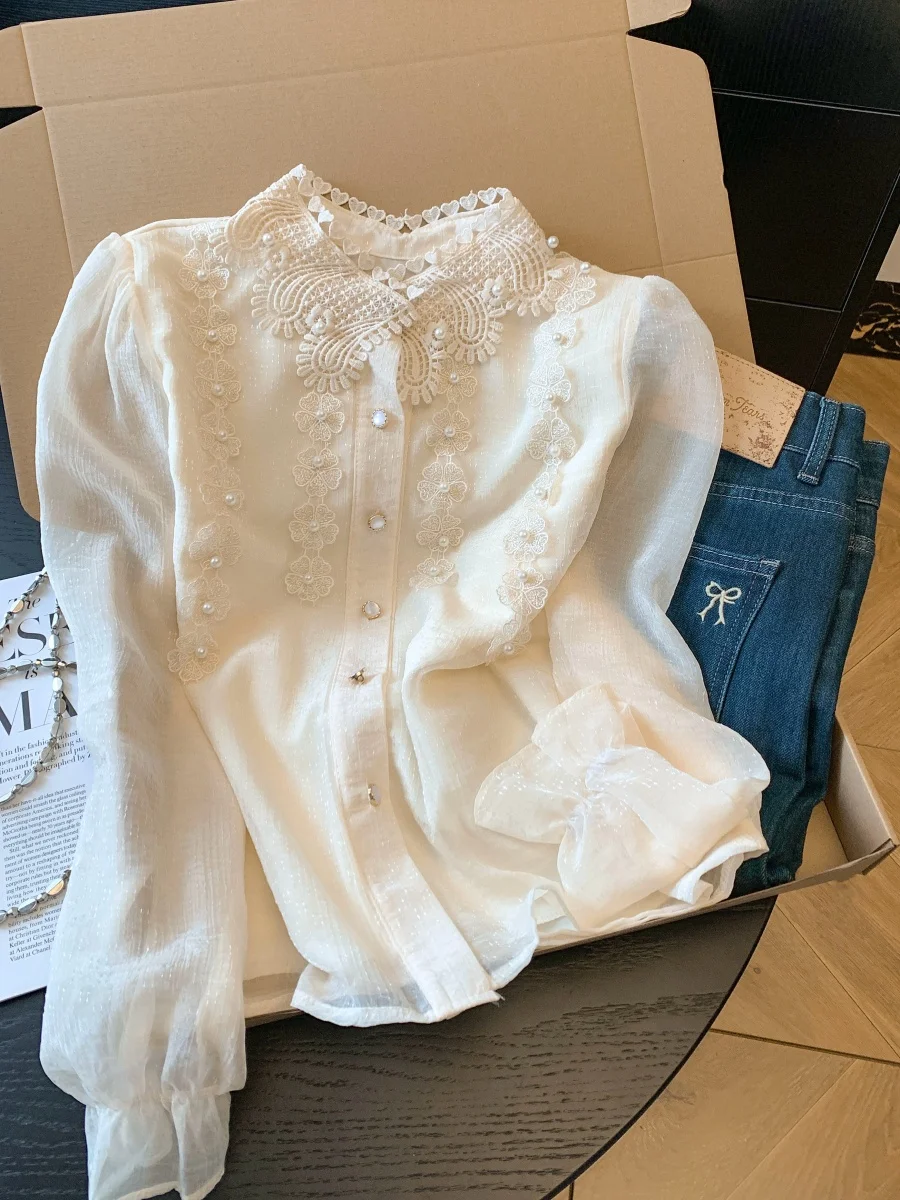 

Elegant Lace Floral Shirt Women's Fashionable Base Layer Top High Collar Beaded Autumn Winter Court Style Loose Fit Long Sleeve