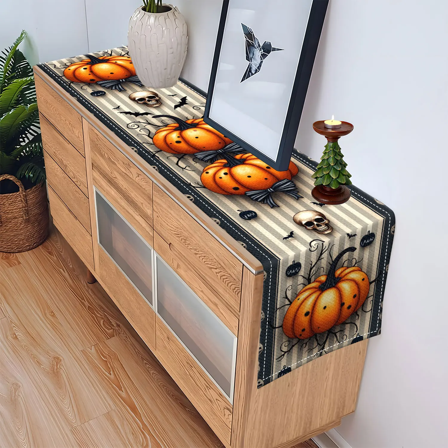 قطعة واحدة من مفرش طاولة الهالوين ذو الطابع الداكن، مزين بأنماط اليقطين والجمجمة والخفافيش، مناسب لحفلات الهالوين والديكورات الداكنة #5