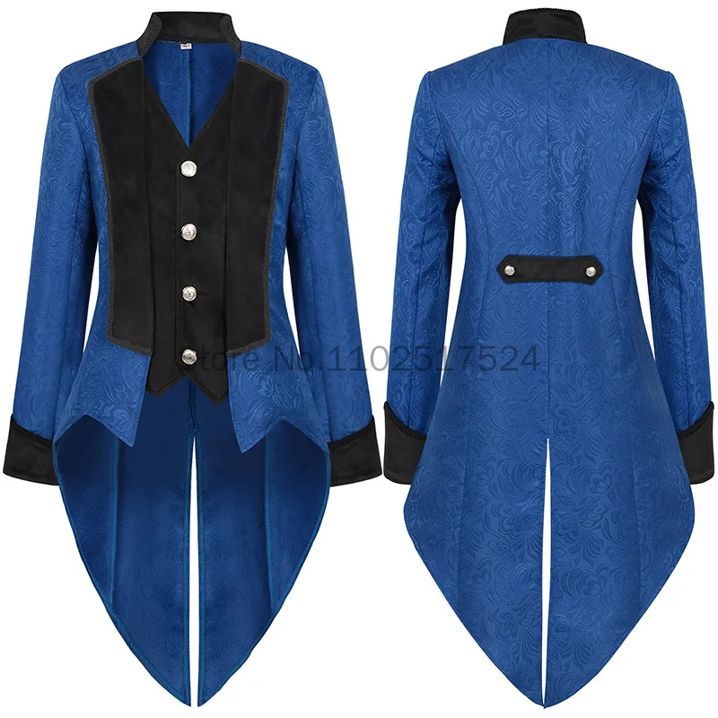 Men Steampunk Tail Coat Jacket Black Gothic Victorian Frock Coat Jacquard Clothing Dress Up Blue Trench Cosplay Costumes