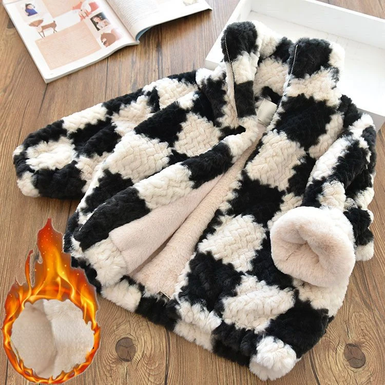 

Plush Girls Jacket Spring Autumn Children's Outerwear Fashion Princess Checkerboard Girls Coat Kids Clothes 2-12 Years V24