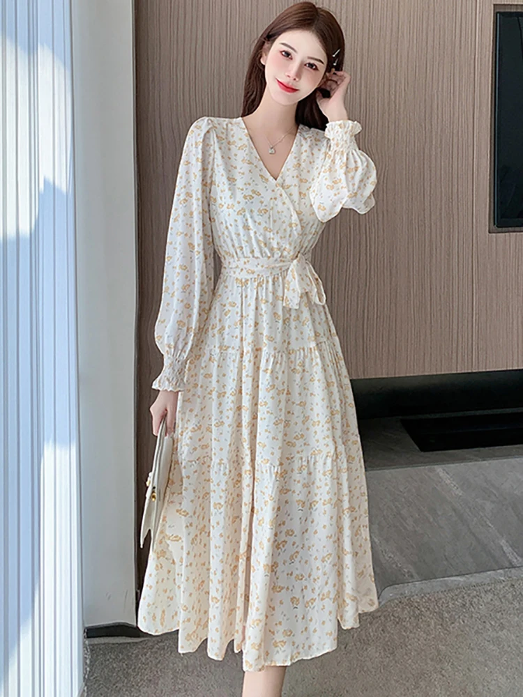 

Autumn Wihte Chiffon Floral Long Sleeve Prom Clothes Women Elegant Casual Holiday Long Dress 2025 Korean Fashion Bodycon Dresses
